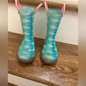 Kids Teal Wave Rain Boots with Pink Trim